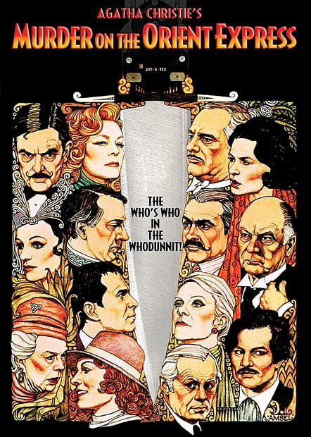 Murder on the Orient Express (1974) starring Albert Finney, Lauren Bacall, Martin Balsam, Ingrid Bergman, Jacqueline Bisset, Jean Pierre Cassel, Sir Sean Connery, Sir John Gielgud, Dame Wendy Hiller, Anthony Perkins, Vanessa Redgrave, Rachel Roberts, Richard Widmark, Michael York, directed by Sidney Lumet