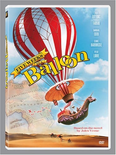 Irwin Allen's Five Weeks in a Balloon (1962), starring Cedric Hardwicke, Richard Haydn, Red Buttons, Barbara Eden, Fabian, BarBara Luna, Peter Lorre