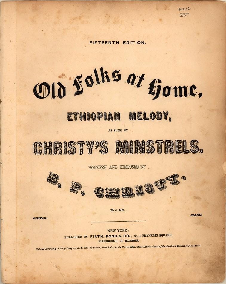 Song lyrics to Old Folks at Home, (1851) aka Swanee River. Music by Stephen Foster.